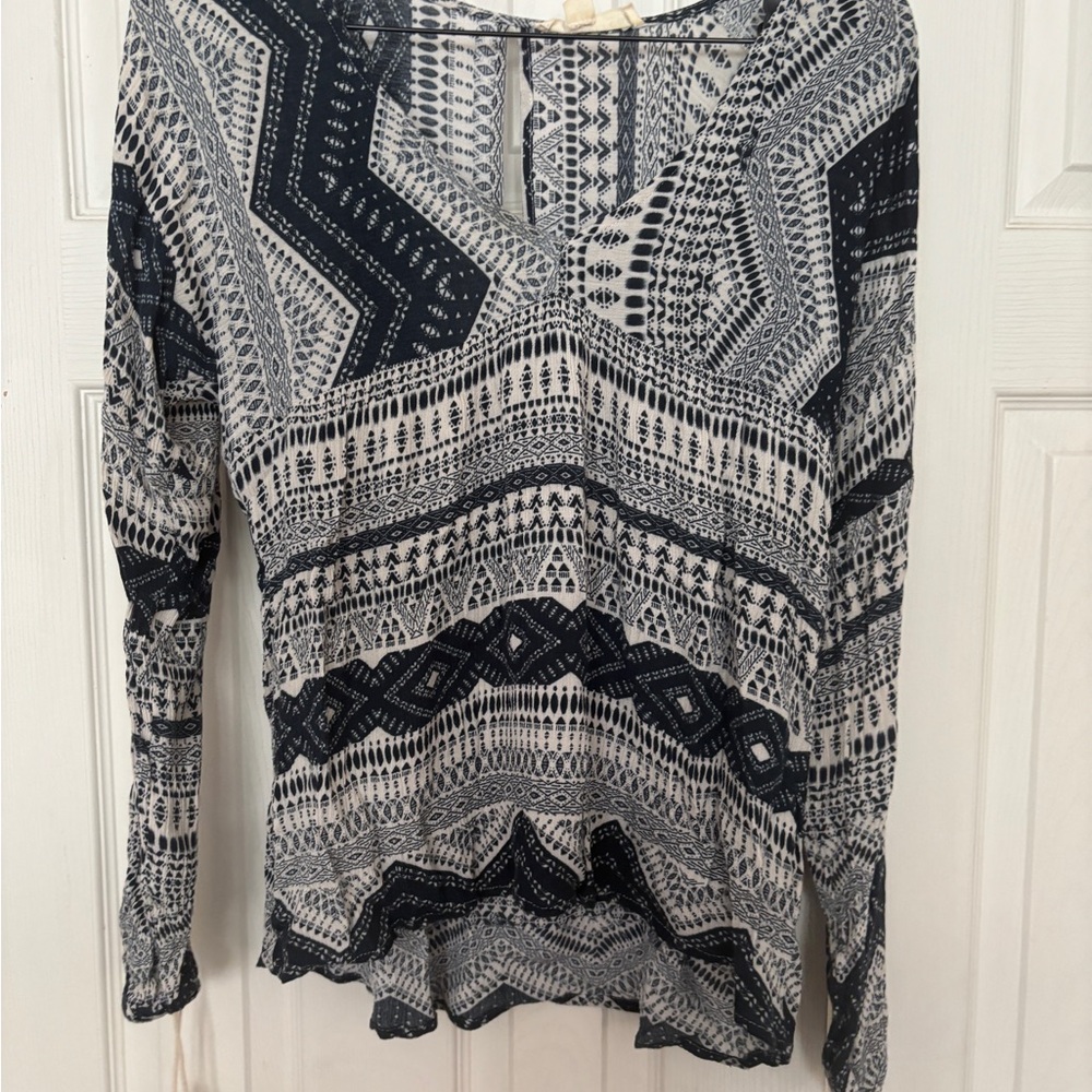 Lovestitch Blue and White Bohemian Long Sleeve Blouse